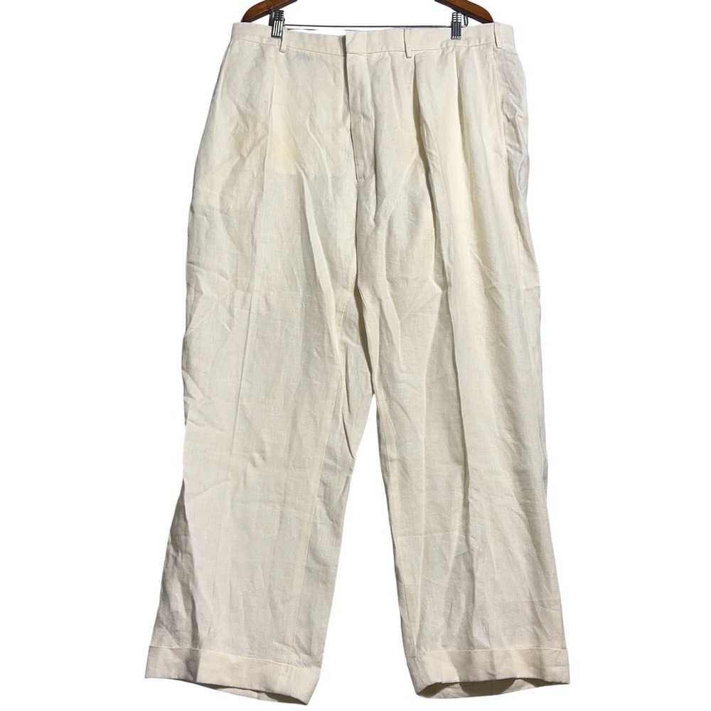 Polo Ralph Lauren Pleated Linen Pants Mens Size 40x30 Cream Cuffed Trousers